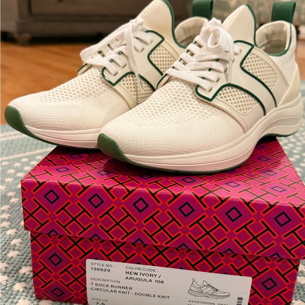Tory Burch T Sock Ivory and Green Knit Sneakers Size 7.5